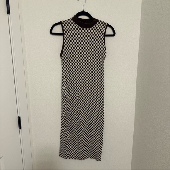 ZARA Brown White Checkered Mock Neck Midi Dress Sleeveless Size Small Women’s - Picture 2 of 8